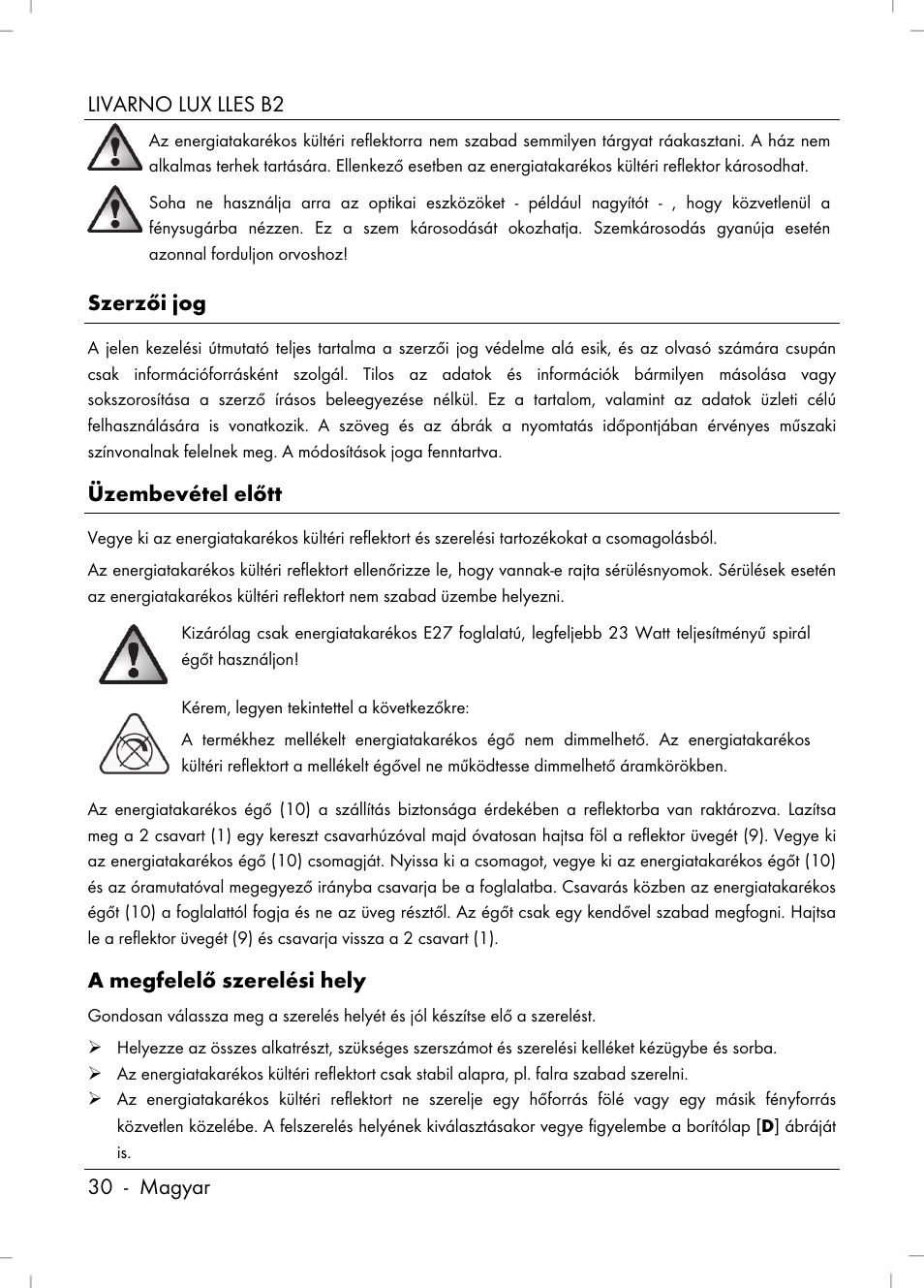 Livarno lux lles b2 30 - magyar, Szerzői jog, Üzembevétel előtt | A megfelelő szerelési hely | Livarno LLES B2 User Manual | Page 32 / 86