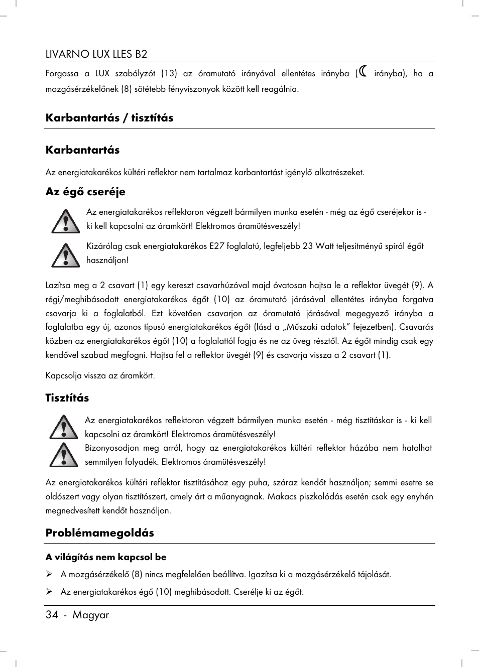 Livarno lux lles b2 34 - magyar, Karbantartás / tisztítás karbantartás, Az égő cseréje | Tisztítás, Problémamegoldás | Livarno LLES B2 User Manual | Page 36 / 86