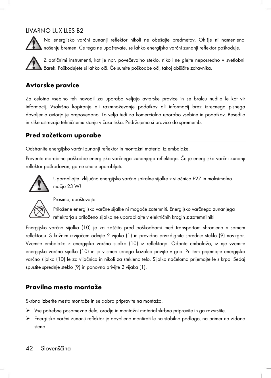 Livarno lux lles b2 42 - slovenščina, Avtorske pravice, Pred začetkom uporabe | Pravilno mesto montaže | Livarno LLES B2 User Manual | Page 44 / 86