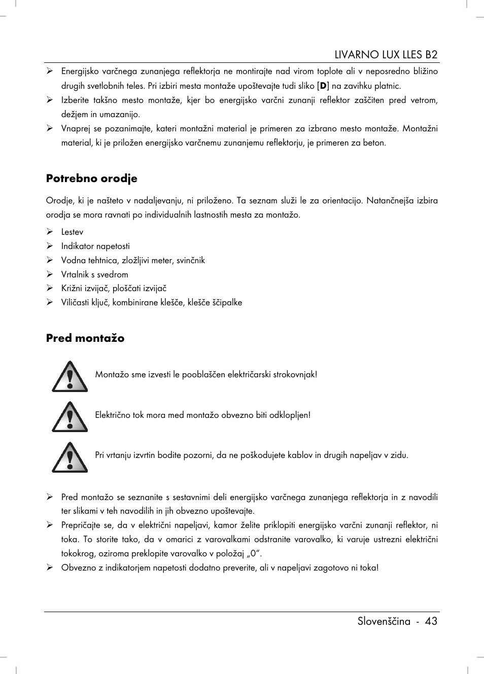 Livarno lux lles b2 slovenščina - 43, Potrebno orodje, Pred montažo | Livarno LLES B2 User Manual | Page 45 / 86