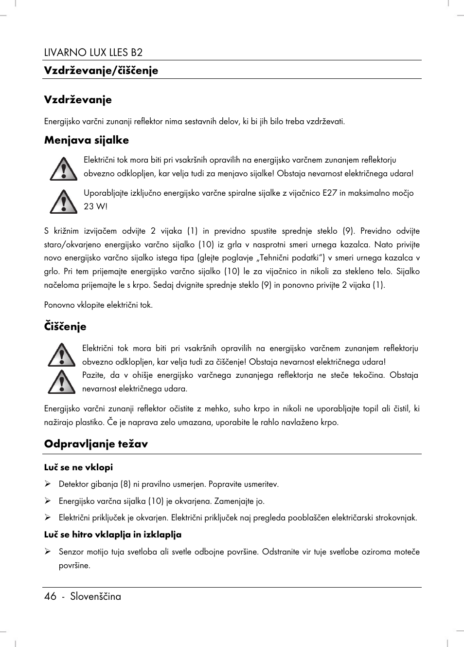 Menjava sijalke, Čiščenje, Odpravljanje težav | Livarno LLES B2 User Manual | Page 48 / 86