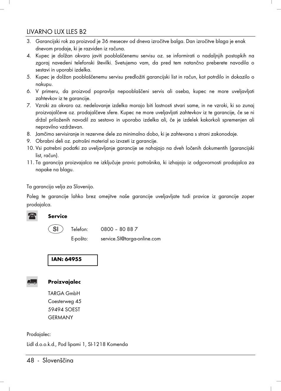 Livarno lux lles b2 48 - slovenščina | Livarno LLES B2 User Manual | Page 50 / 86