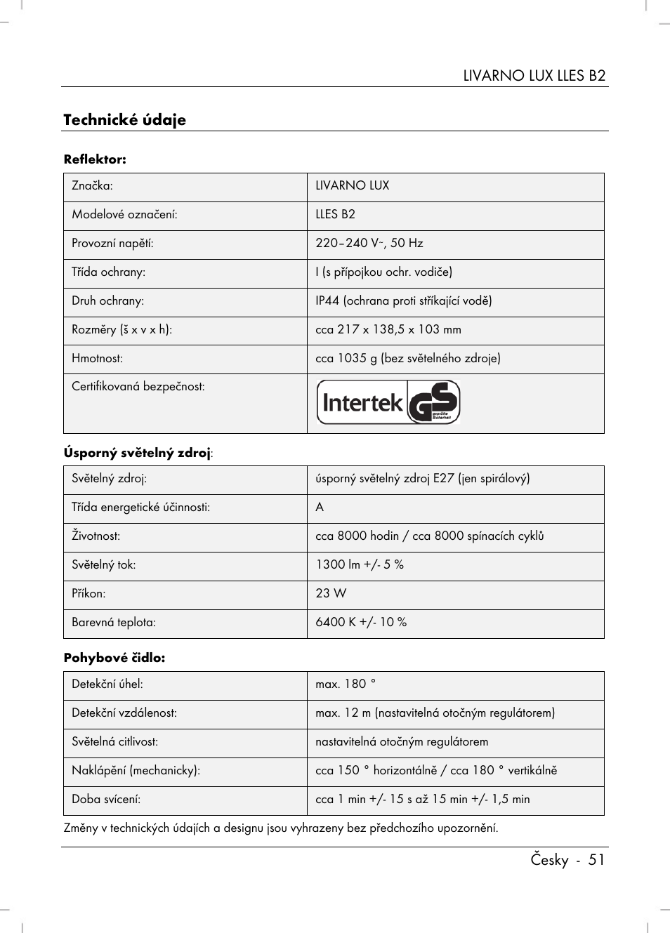 Livarno lux lles b2 česky - 51 technické údaje | Livarno LLES B2 User Manual | Page 53 / 86