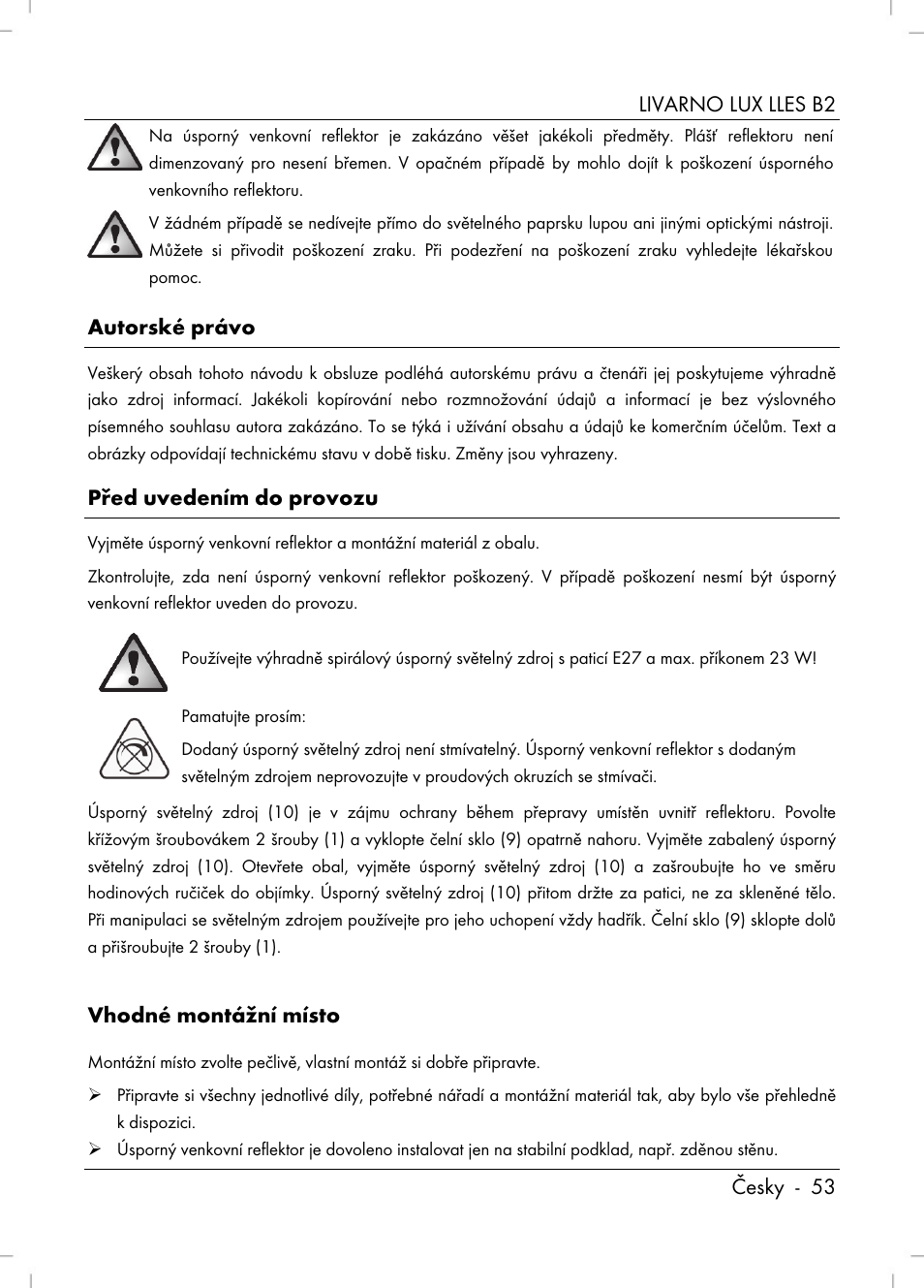 Livarno lux lles b2 česky - 53, Autorské právo, Před uvedením do provozu | Vhodné montážní místo | Livarno LLES B2 User Manual | Page 55 / 86