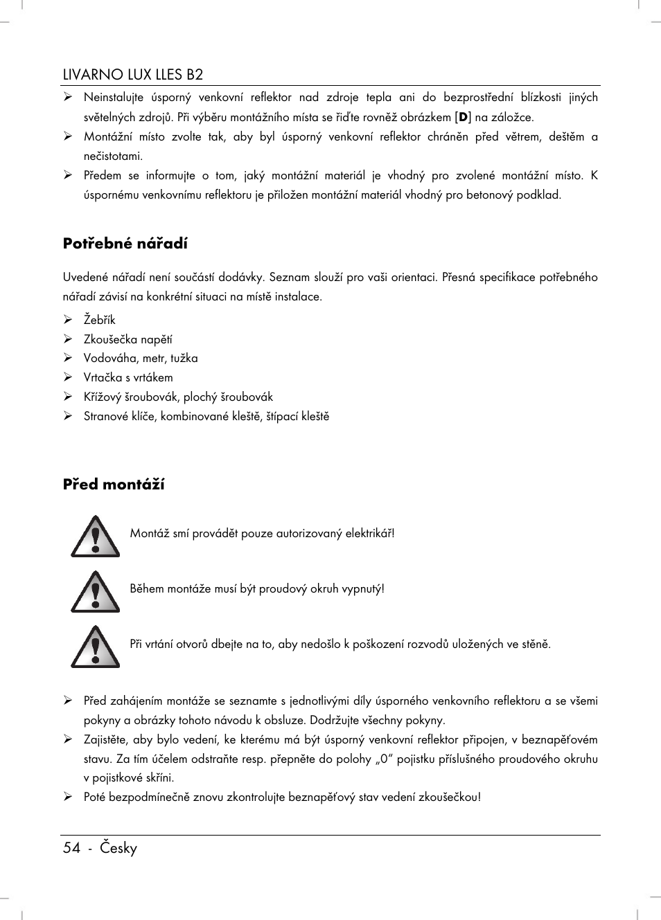 Livarno lux lles b2 54 - česky, Potřebné nářadí, Před montáží | Livarno LLES B2 User Manual | Page 56 / 86