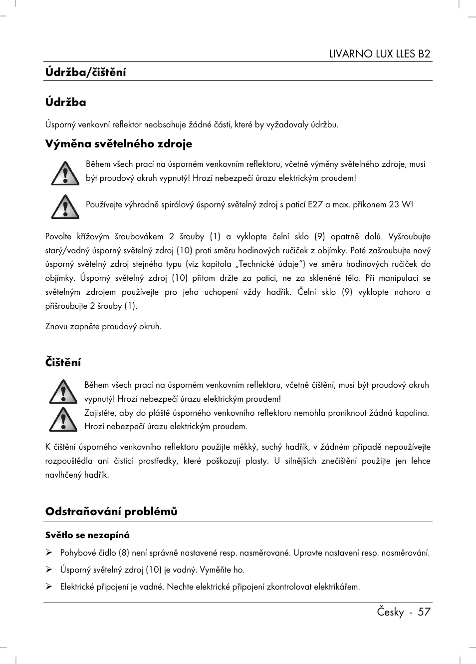 Výměna světelného zdroje, Čištění, Odstraňování problémů | Livarno LLES B2 User Manual | Page 59 / 86