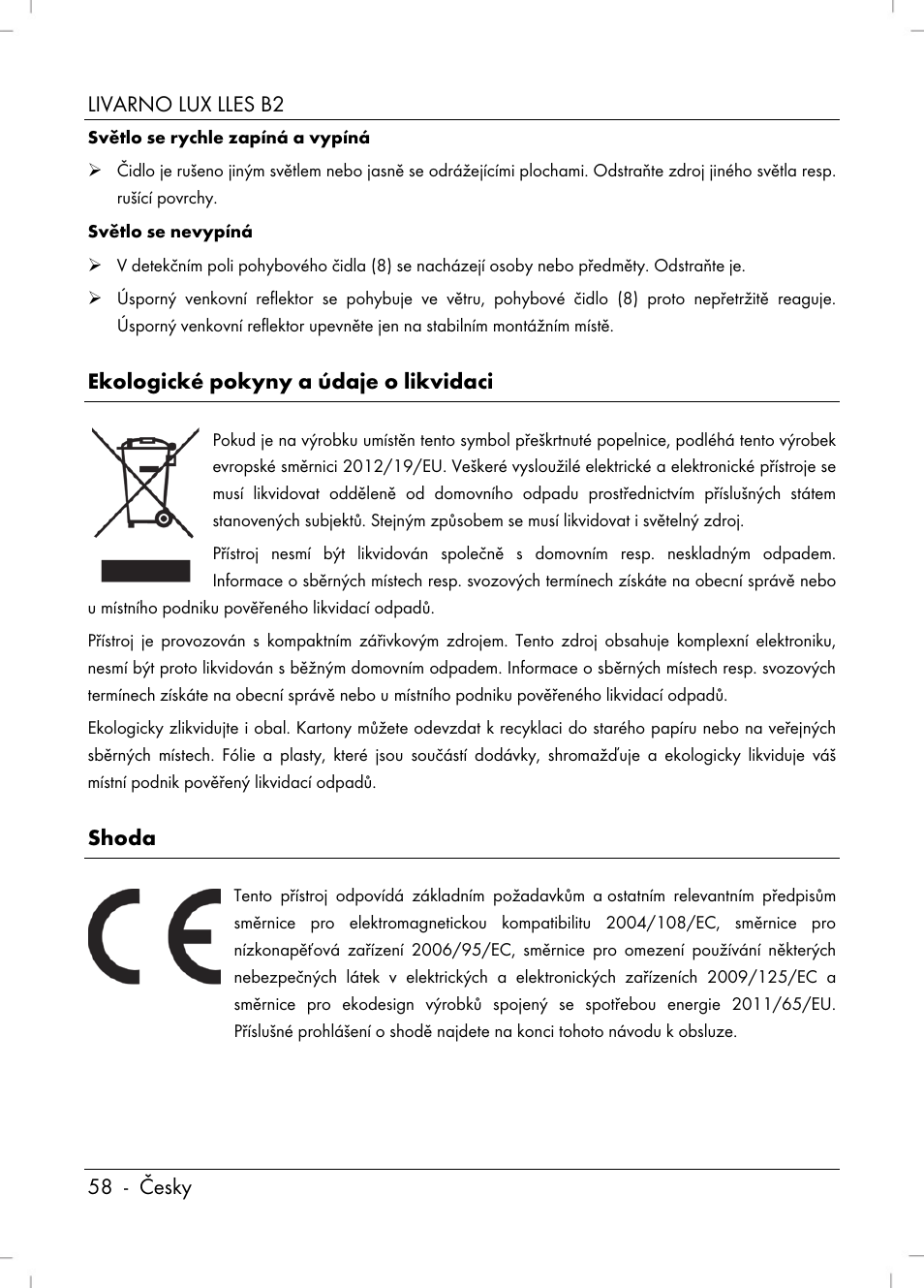 Livarno lux lles b2 58 - česky, Ekologické pokyny a údaje o likvidaci, Shoda | Livarno LLES B2 User Manual | Page 60 / 86