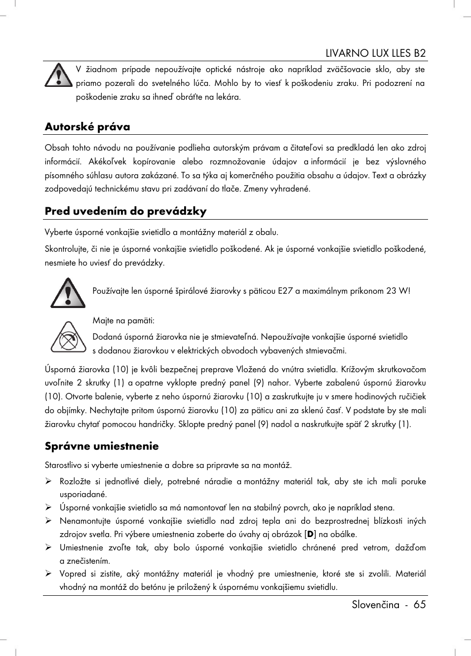 Livarno lux lles b2 slovenčina - 65, Autorské práva, Pred uvedením do prevádzky | Správne umiestnenie | Livarno LLES B2 User Manual | Page 67 / 86