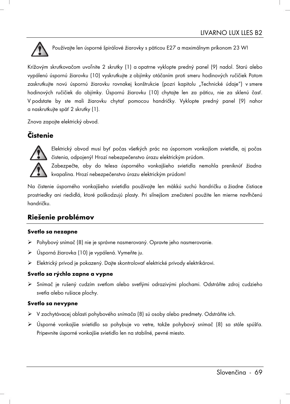 Livarno lux lles b2 slovenčina - 69, Čistenie, Riešenie problémov | Livarno LLES B2 User Manual | Page 71 / 86