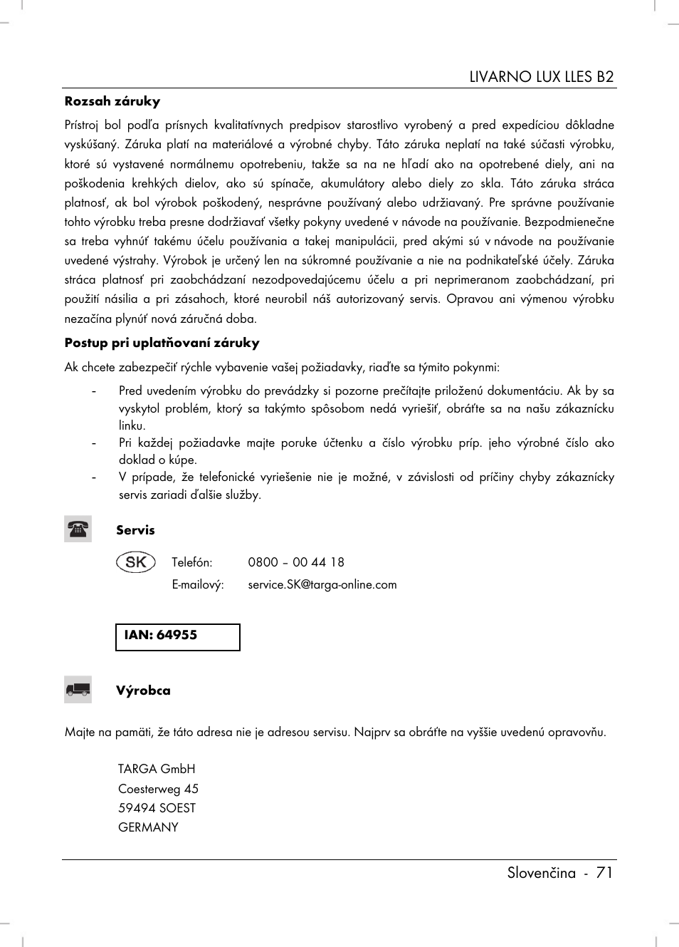 Livarno lux lles b2 slovenčina - 71 | Livarno LLES B2 User Manual | Page 73 / 86