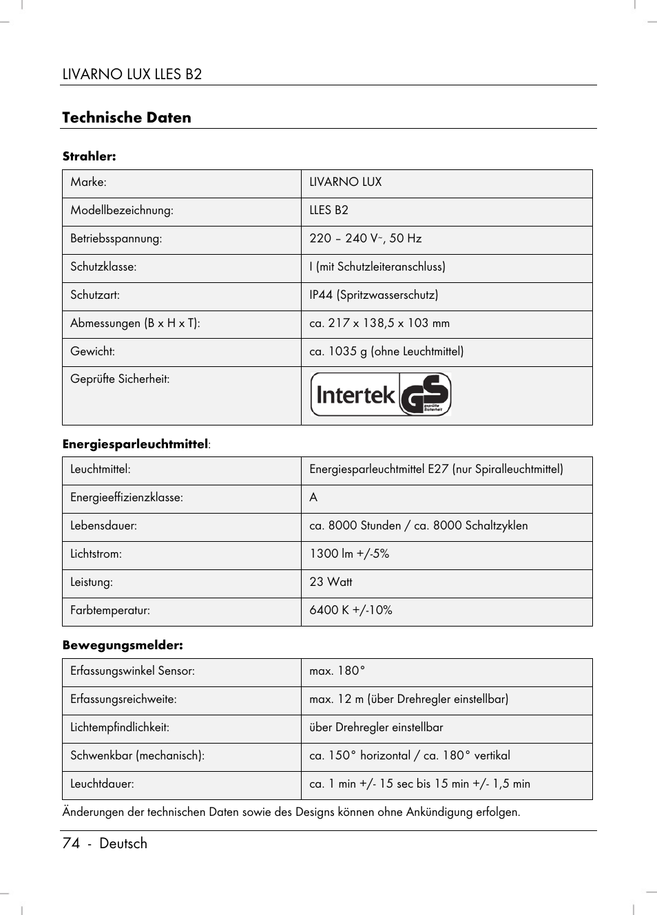 Livarno lux lles b2 74 - deutsch technische daten | Livarno LLES B2 User Manual | Page 76 / 86