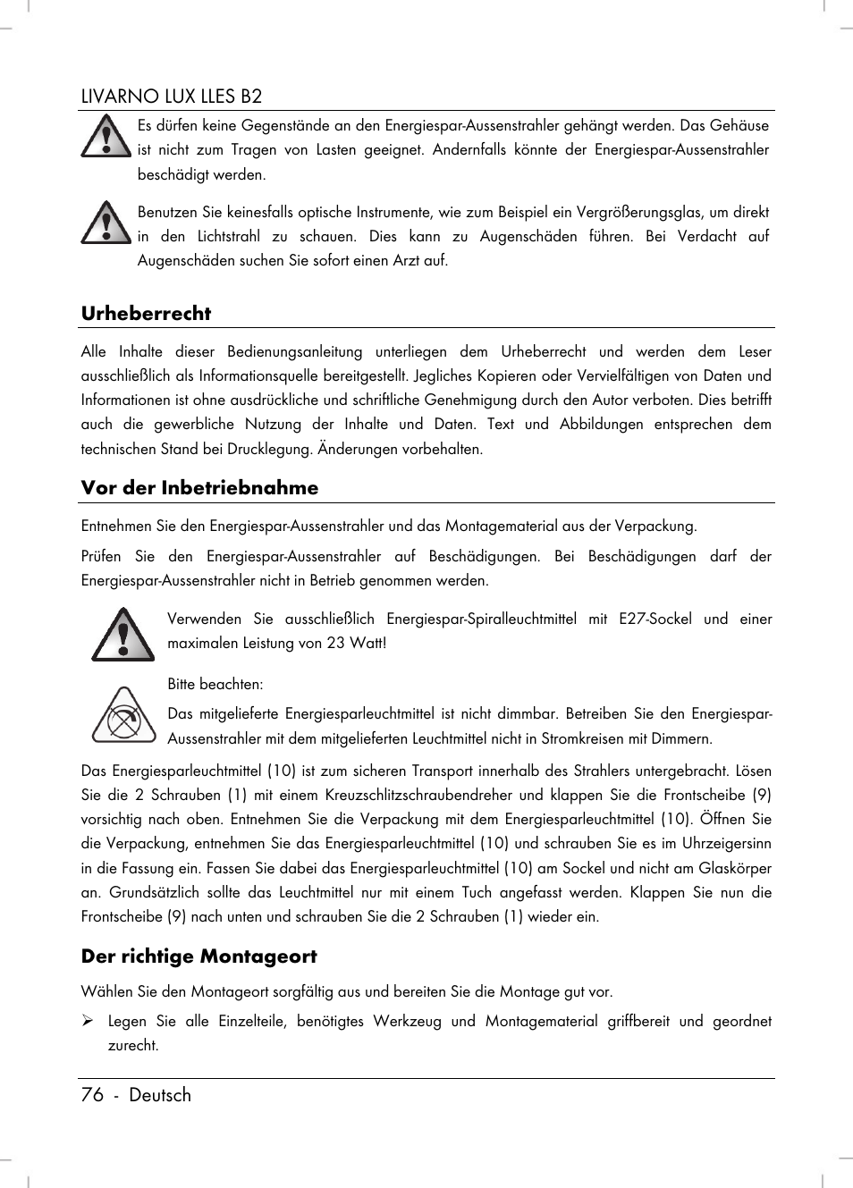 Livarno lux lles b2 76 - deutsch, Urheberrecht, Vor der inbetriebnahme | Der richtige montageort | Livarno LLES B2 User Manual | Page 78 / 86