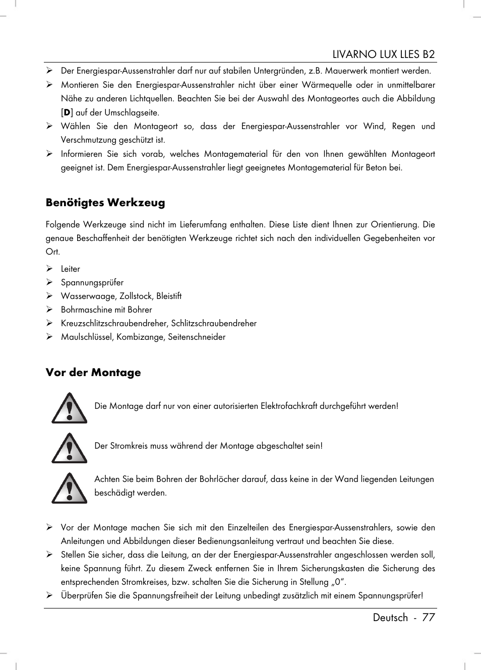 Livarno lux lles b2 deutsch - 77, Benötigtes werkzeug, Vor der montage | Livarno LLES B2 User Manual | Page 79 / 86