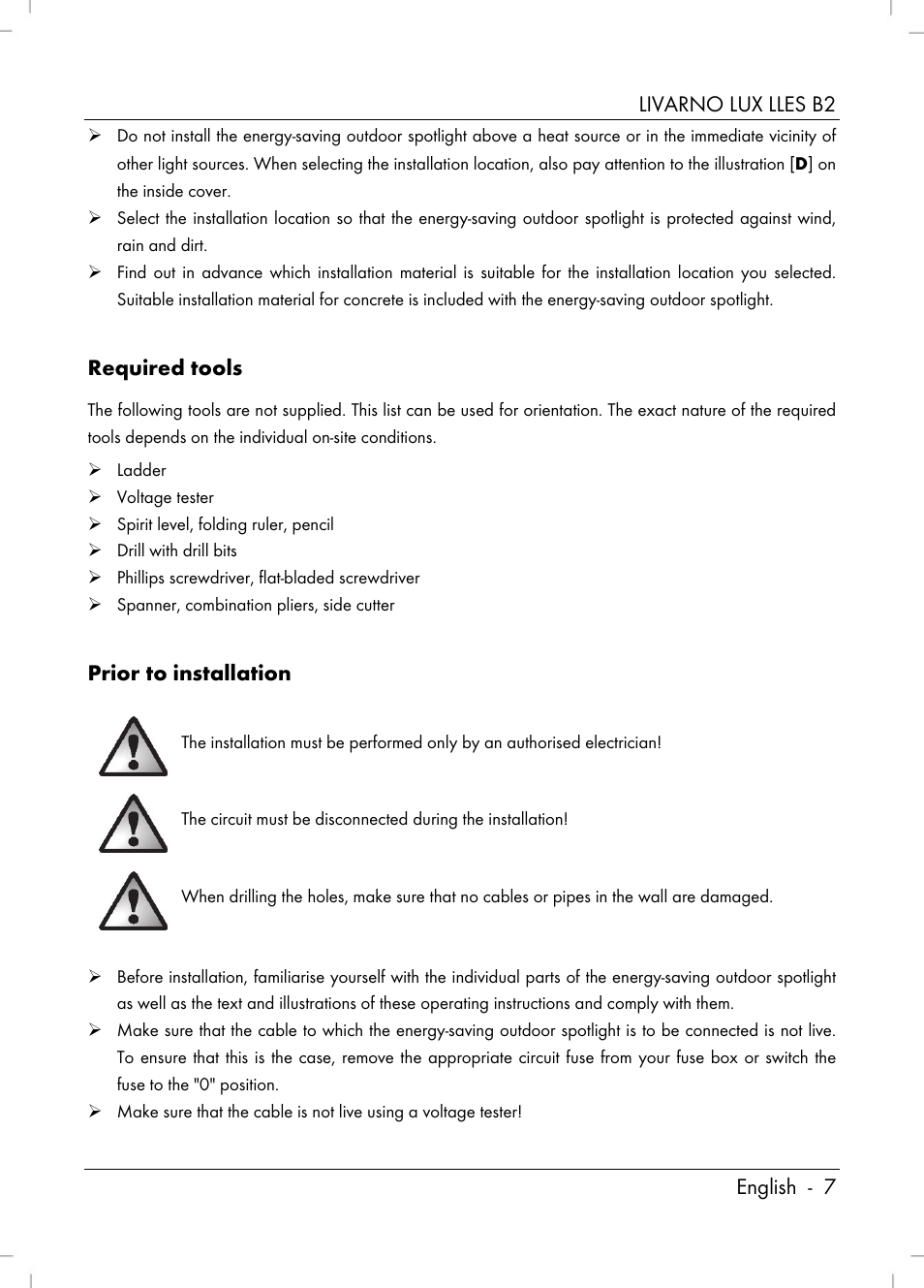 Livarno lux lles b2 english - 7, Required tools, Prior to installation | Livarno LLES B2 User Manual | Page 9 / 86