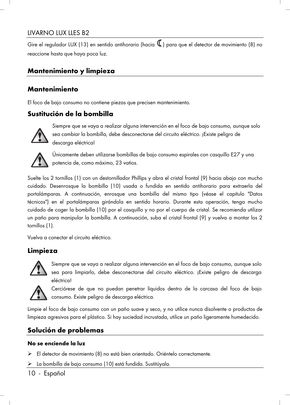 Livarno lux lles b2 10 - español, Mantenimiento y limpieza mantenimiento, Sustitución de la bombilla | Limpieza, Solución de problemas | Livarno LLES B2 User Manual | Page 12 / 64