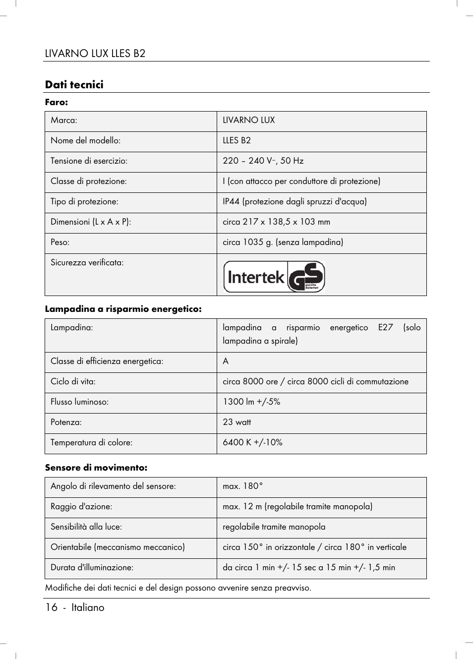 Livarno lux lles b2 16 - italiano dati tecnici | Livarno LLES B2 User Manual | Page 18 / 64