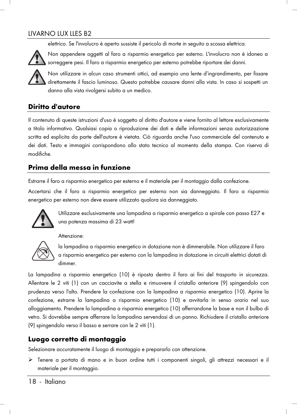 Livarno lux lles b2 18 - italiano, Diritto d'autore, Prima della messa in funzione | Luogo corretto di montaggio | Livarno LLES B2 User Manual | Page 20 / 64