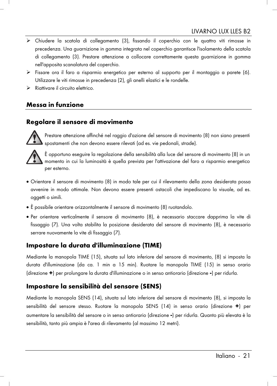 Livarno lux lles b2 italiano - 21, Messa in funzione regolare il sensore di movimento, Impostare la durata d'illuminazione (time) | Impostare la sensibilità del sensore (sens) | Livarno LLES B2 User Manual | Page 23 / 64