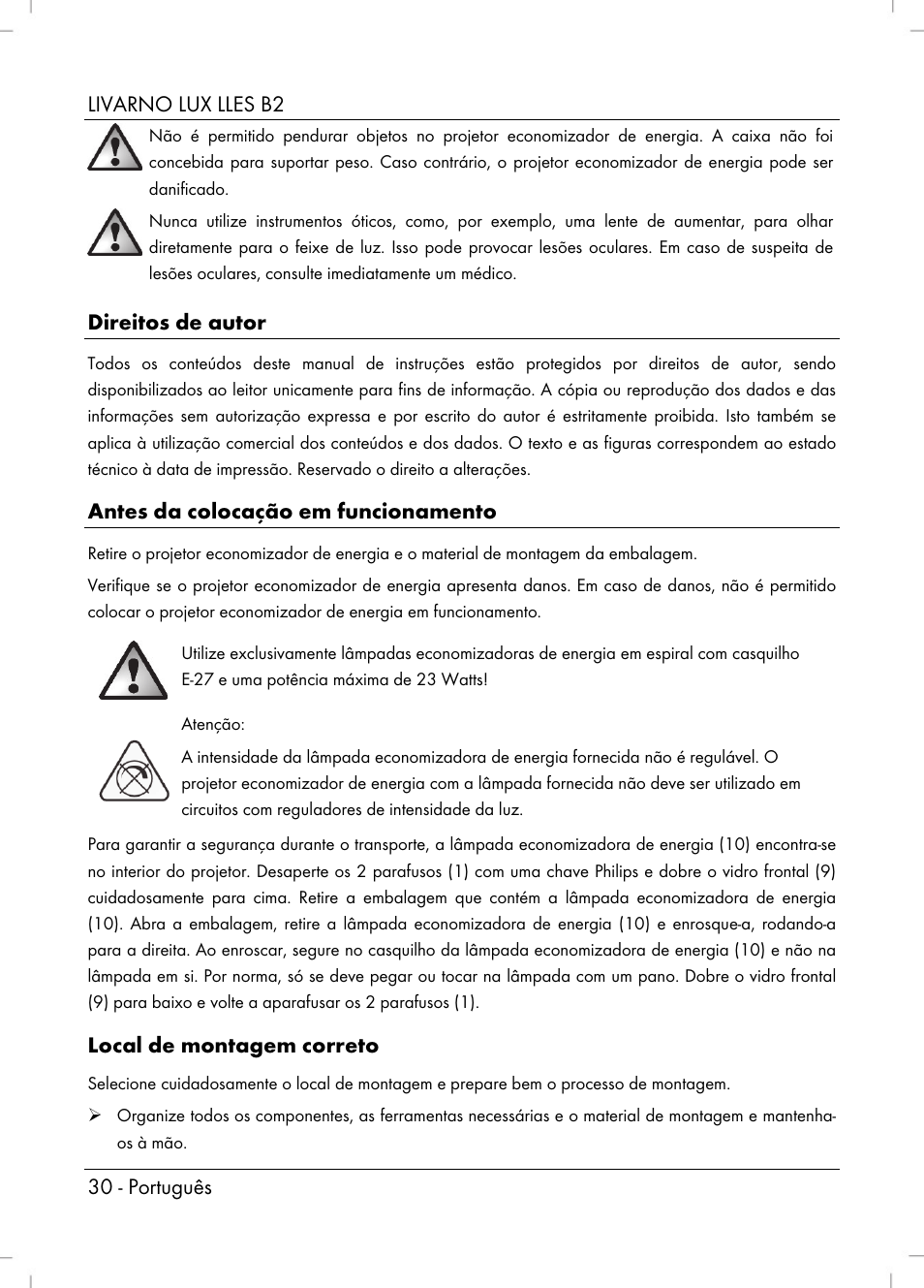 Livarno lux lles b2 30 - português, Direitos de autor, Antes da colocação em funcionamento | Local de montagem correto | Livarno LLES B2 User Manual | Page 32 / 64