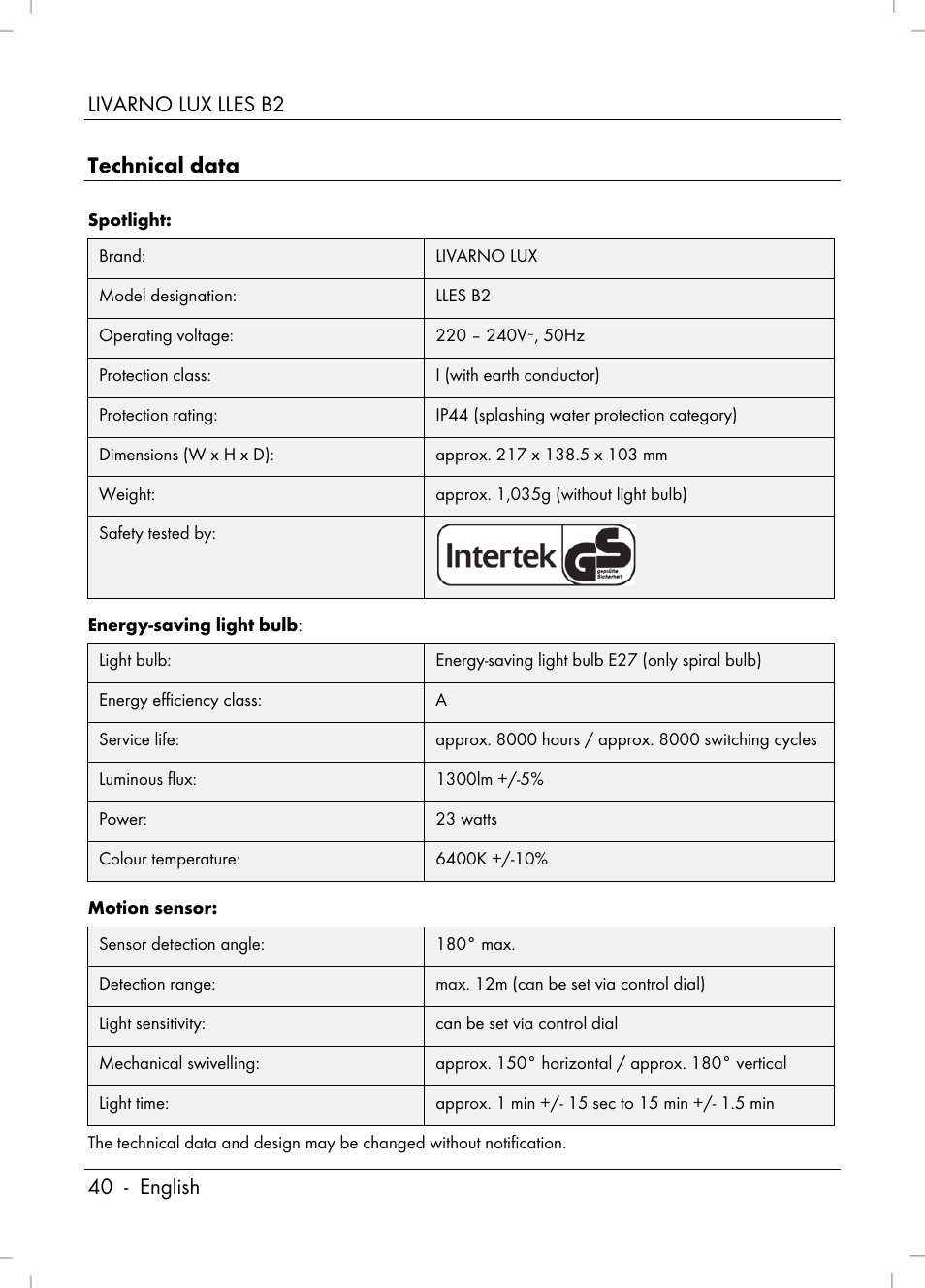 Livarno lux lles b2 40 - english technical data | Livarno LLES B2 User Manual | Page 42 / 64