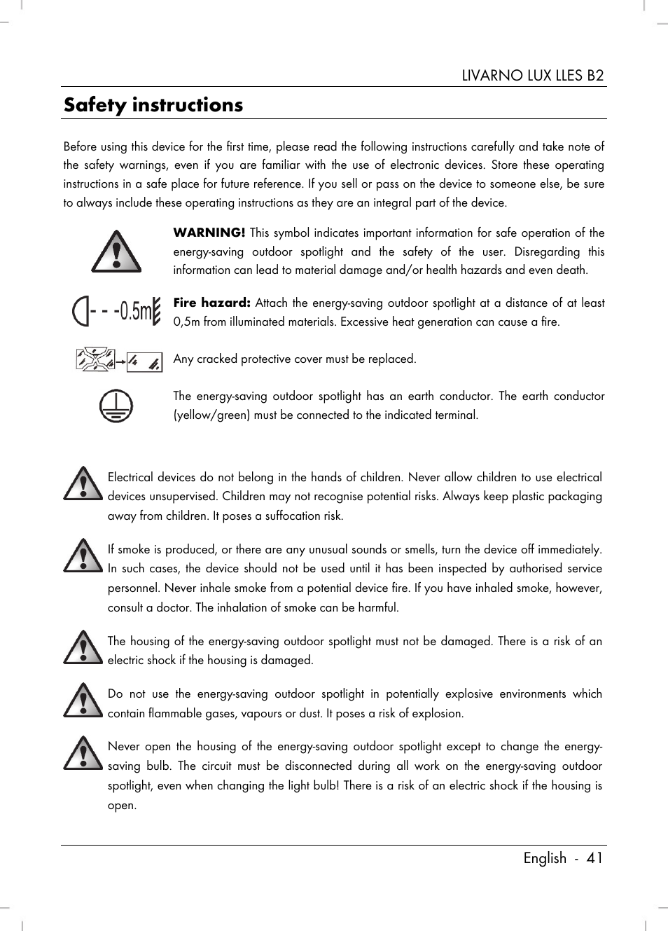 Safety instructions, Livarno lux lles b2 english - 41 | Livarno LLES B2 User Manual | Page 43 / 64