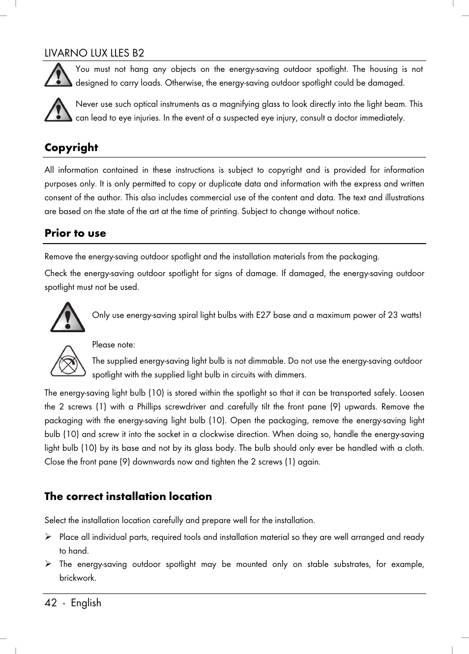 Livarno lux lles b2 42 - english, Copyright, Prior to use | The correct installation location | Livarno LLES B2 User Manual | Page 44 / 64