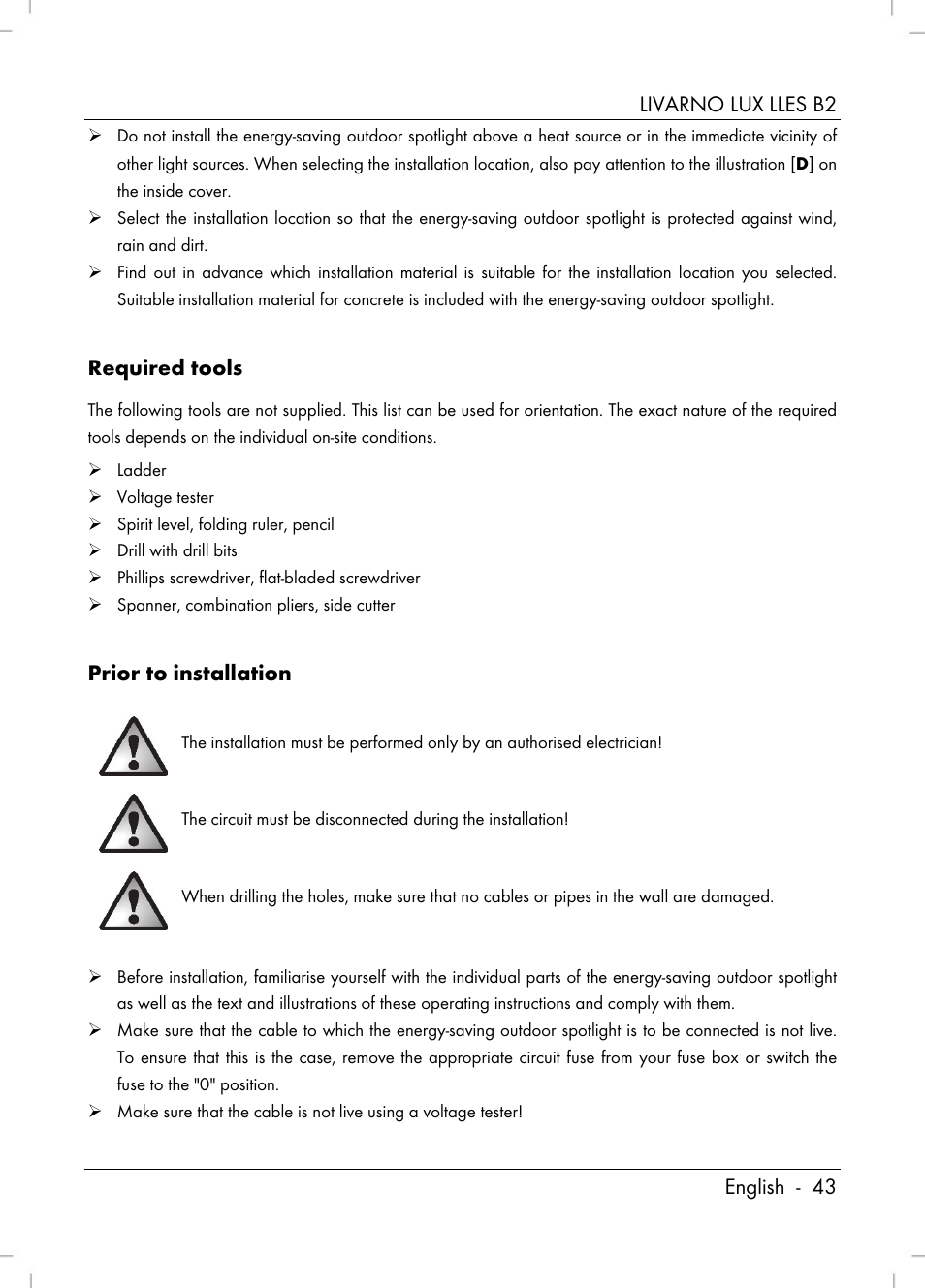 Livarno lux lles b2 english - 43, Required tools, Prior to installation | Livarno LLES B2 User Manual | Page 45 / 64