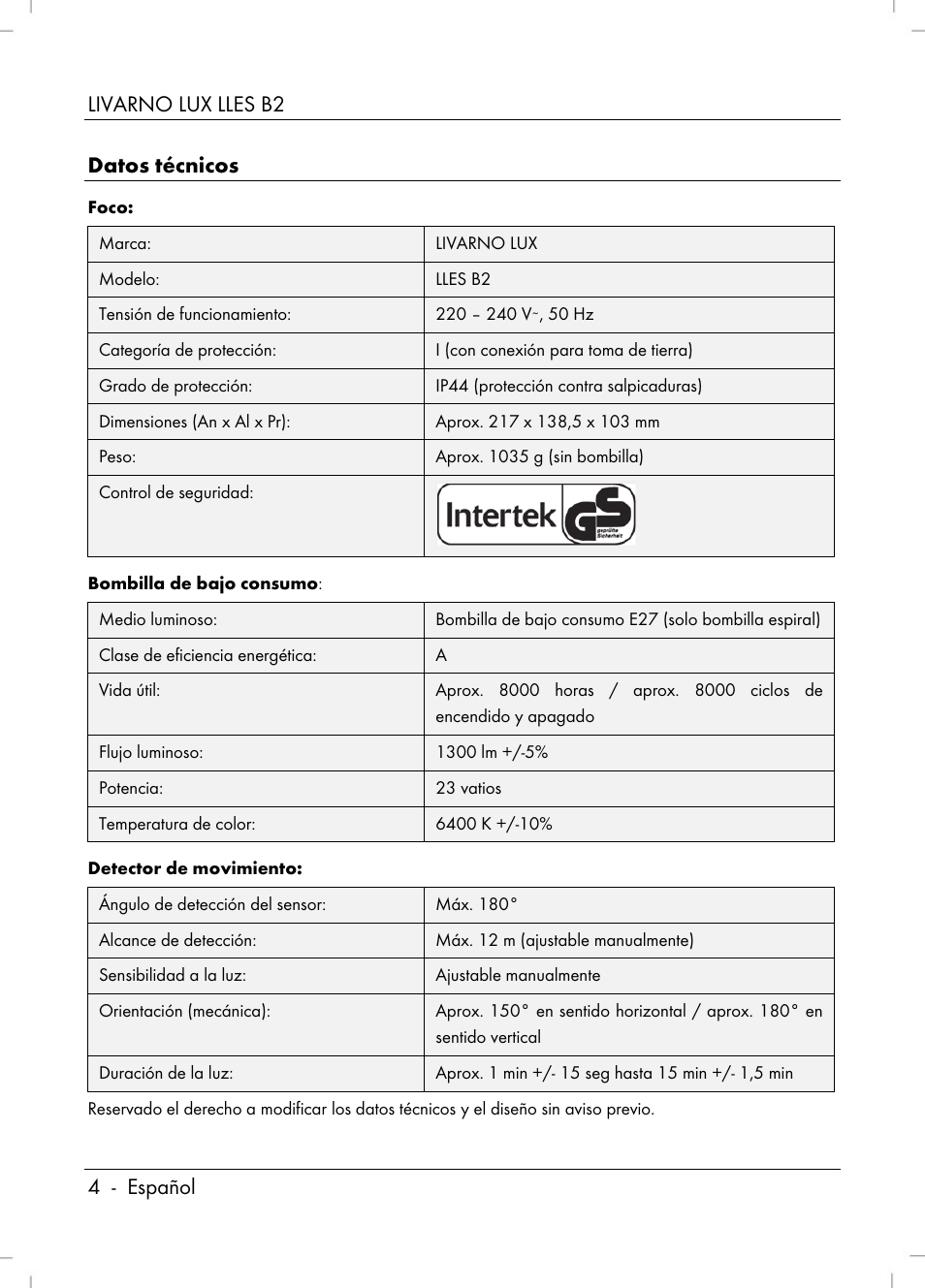 Livarno lux lles b2 4 - español datos técnicos | Livarno LLES B2 User Manual | Page 6 / 64