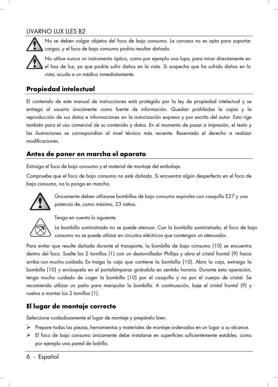 Livarno lux lles b2 6 - español, Propiedad intelectual, Antes de poner en marcha el aparato | El lugar de montaje correcto | Livarno LLES B2 User Manual | Page 8 / 64