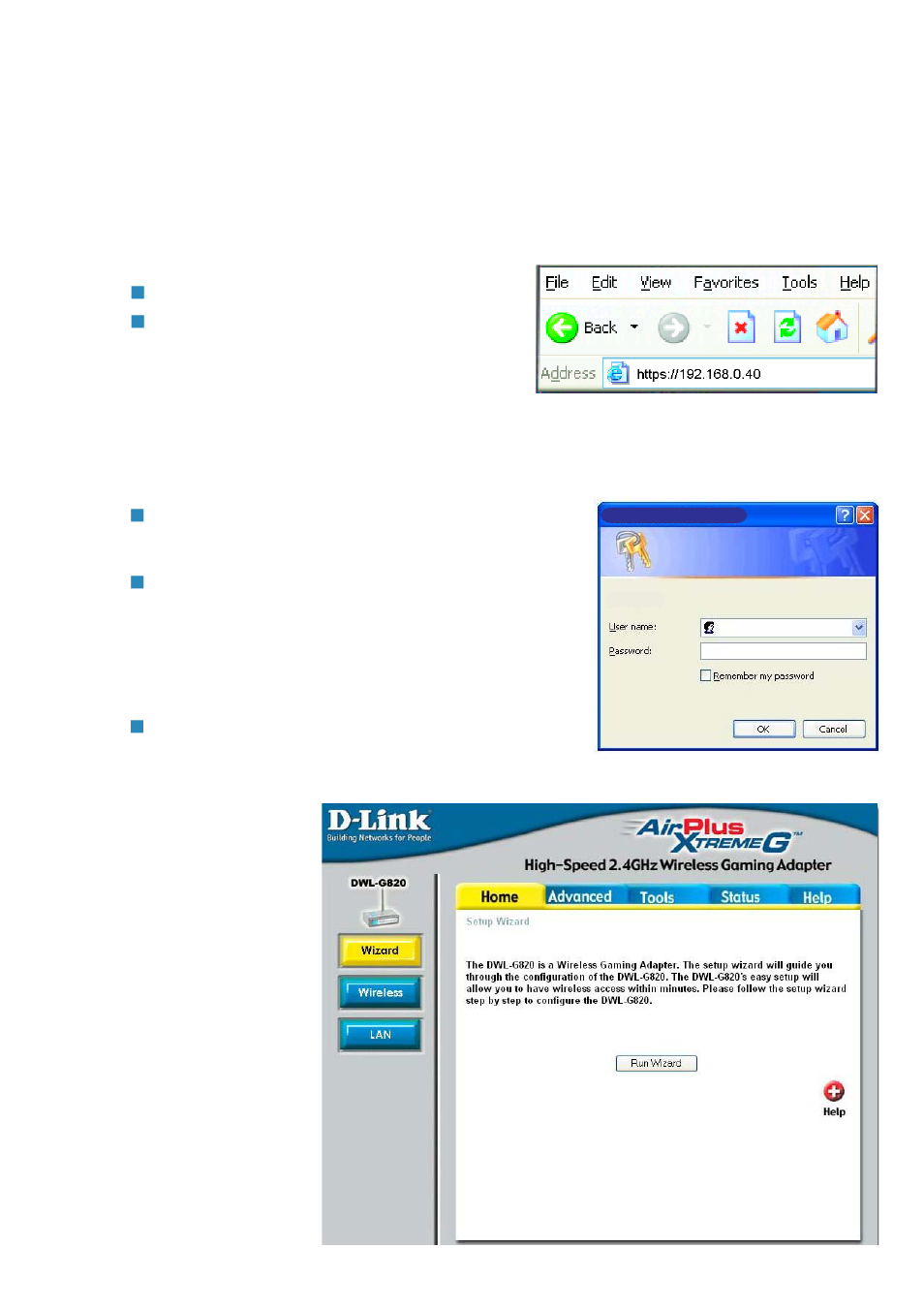 Using the configuration menu (continued), Home > wizard | D-Link XTREME G DWL-G820 User Manual | Page 12 / 34