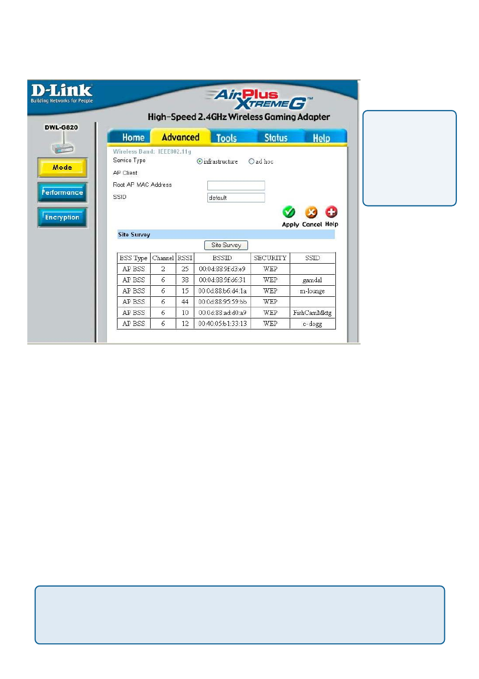 Using the configuration menu (continued), Advanced > mode | D-Link XTREME G DWL-G820 User Manual | Page 15 / 34