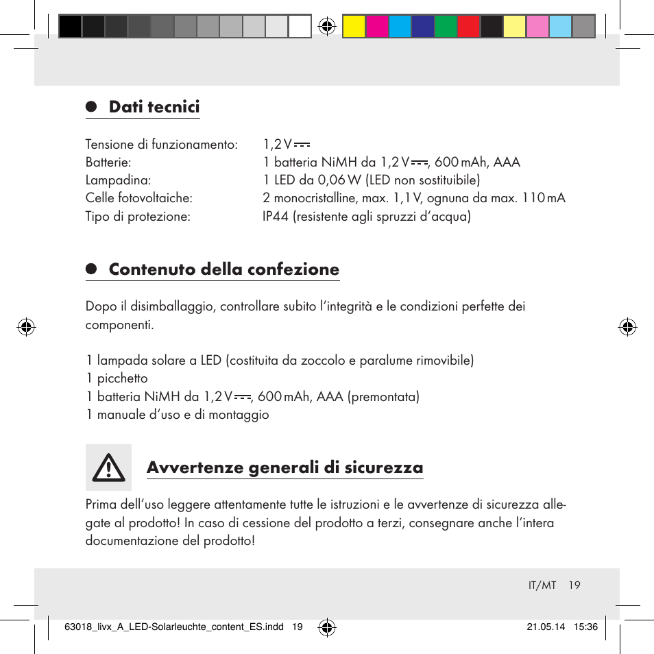 Dati tecnici, Contenuto della confezione, Avvertenze generali di sicurezza | Livarno Z32102A User Manual | Page 19 / 53