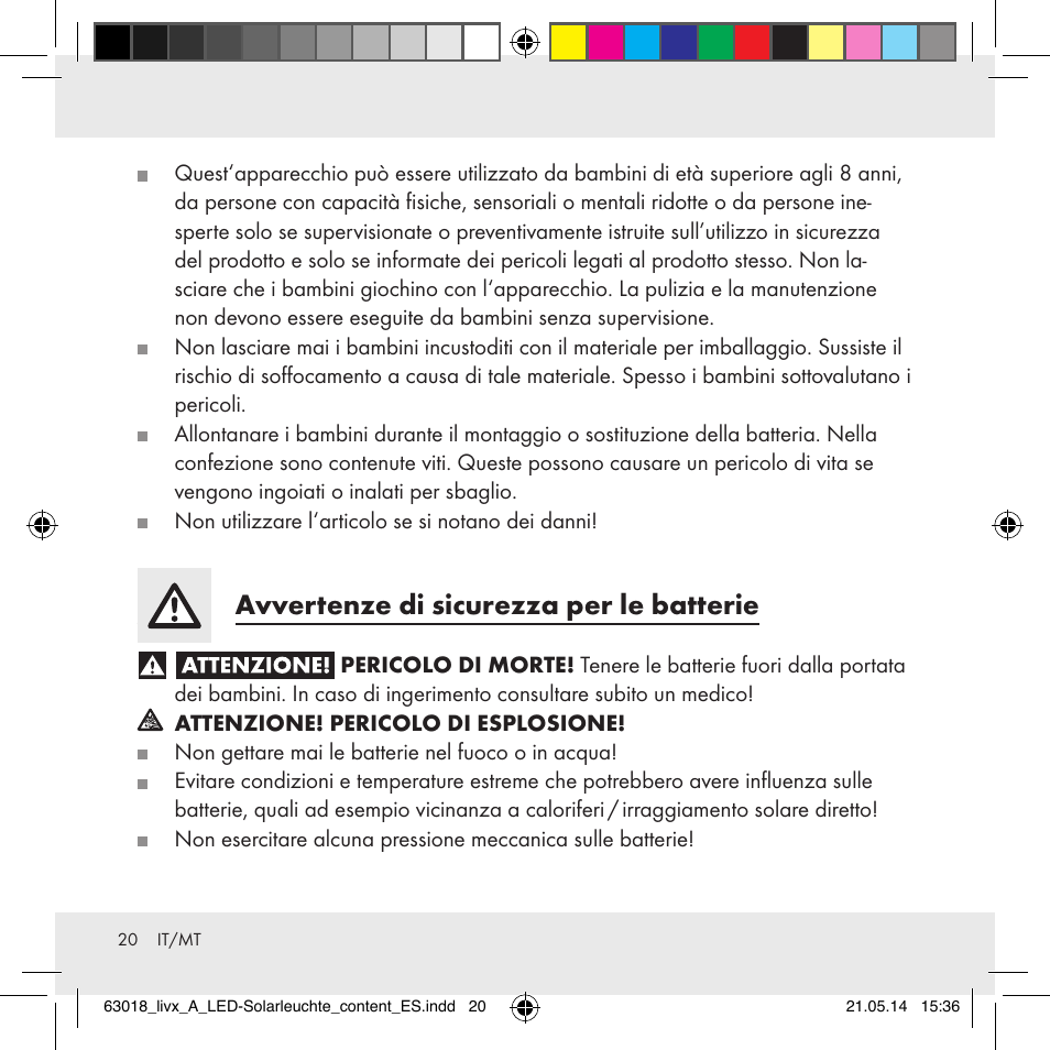 Avvertenze di sicurezza per le batterie | Livarno Z32102A User Manual | Page 20 / 53