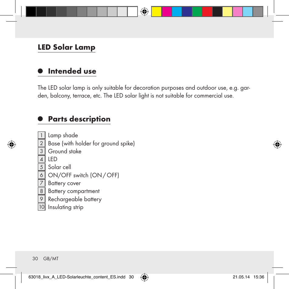 Led solar lamp intended use, Parts description | Livarno Z32102A User Manual | Page 30 / 53