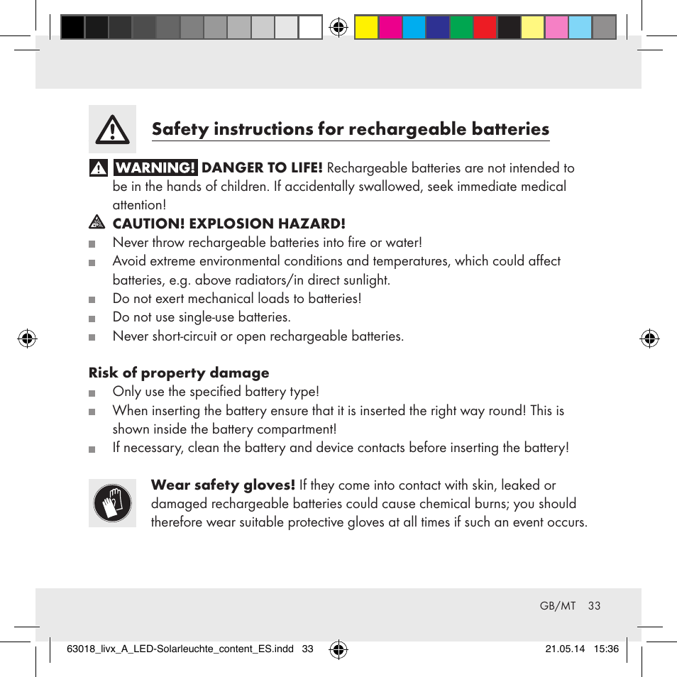 Safety instructions for rechargeable batteries | Livarno Z32102A User Manual | Page 33 / 53