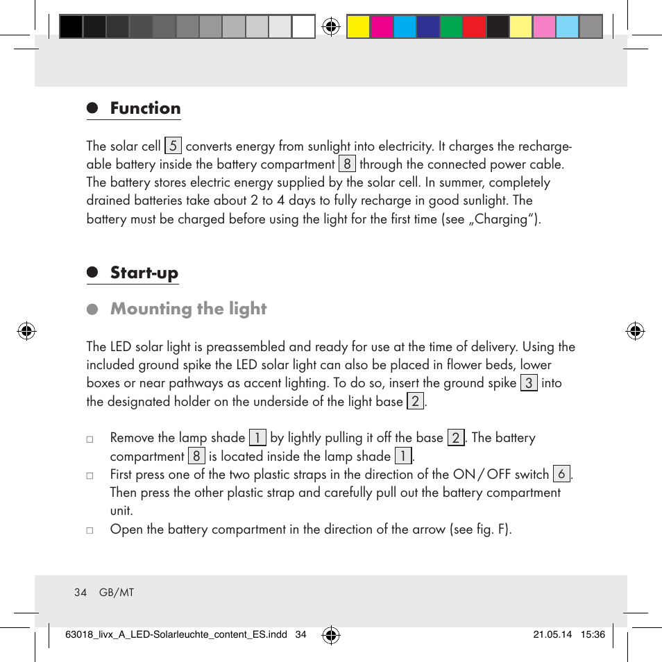 Function, Start-up mounting the light | Livarno Z32102A User Manual | Page 34 / 53