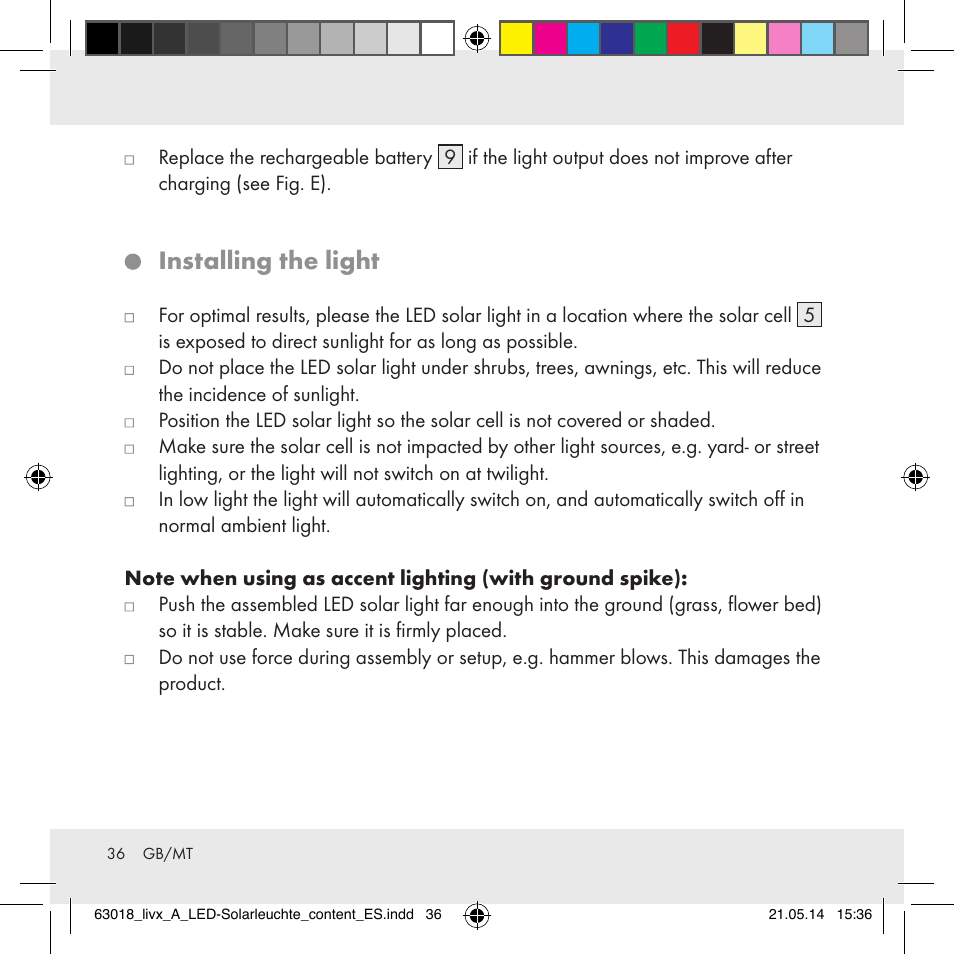 Installing the light | Livarno Z32102A User Manual | Page 36 / 53
