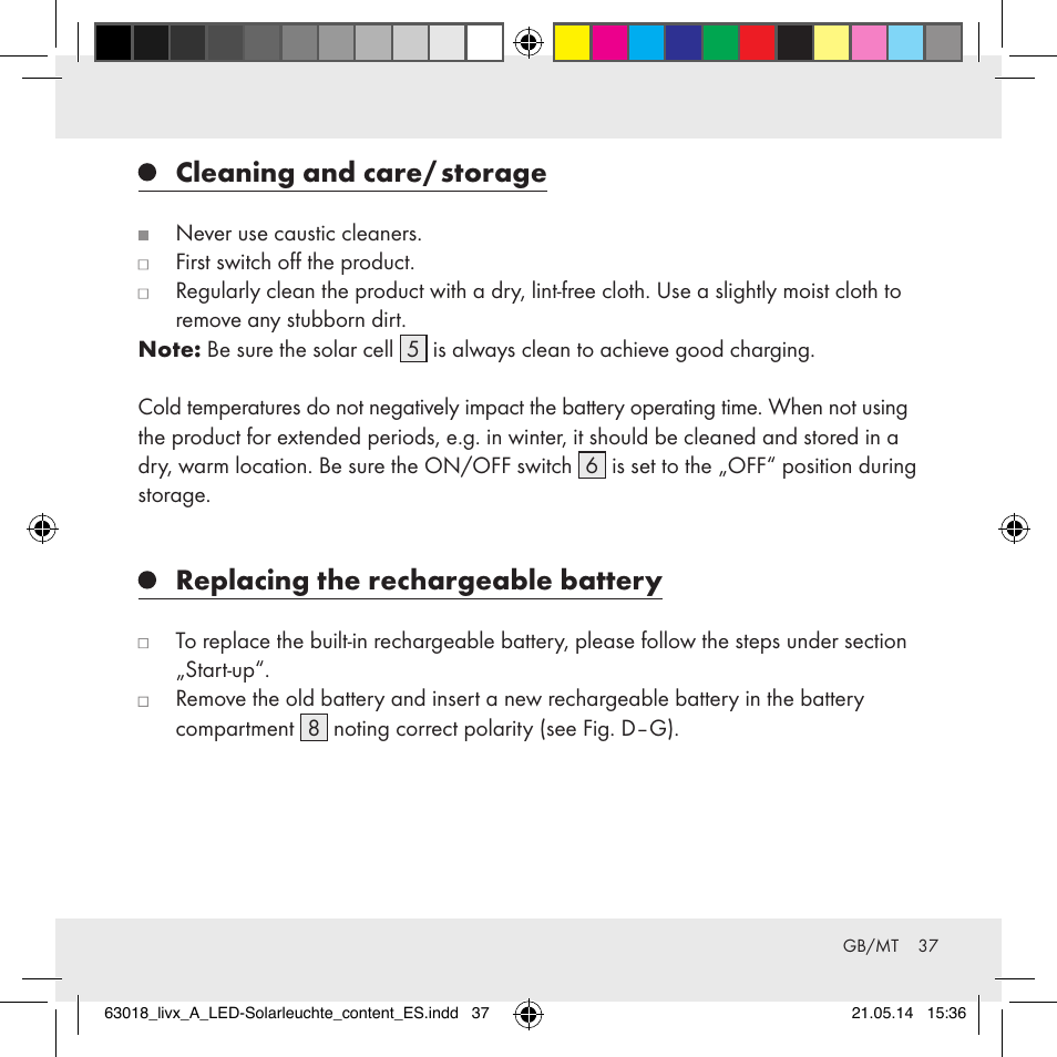Cleaning and care/ storage, Replacing the rechargeable battery | Livarno Z32102A User Manual | Page 37 / 53