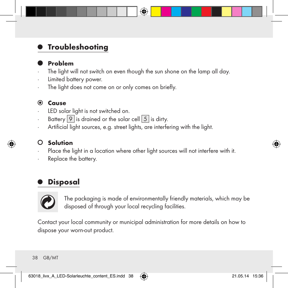 Troubleshooting, Disposal | Livarno Z32102A User Manual | Page 38 / 53