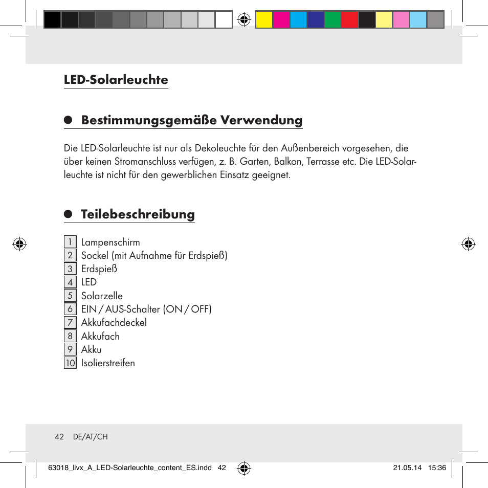 Led-solarleuchte bestimmungsgemäße verwendung, Teilebeschreibung | Livarno Z32102A User Manual | Page 42 / 53