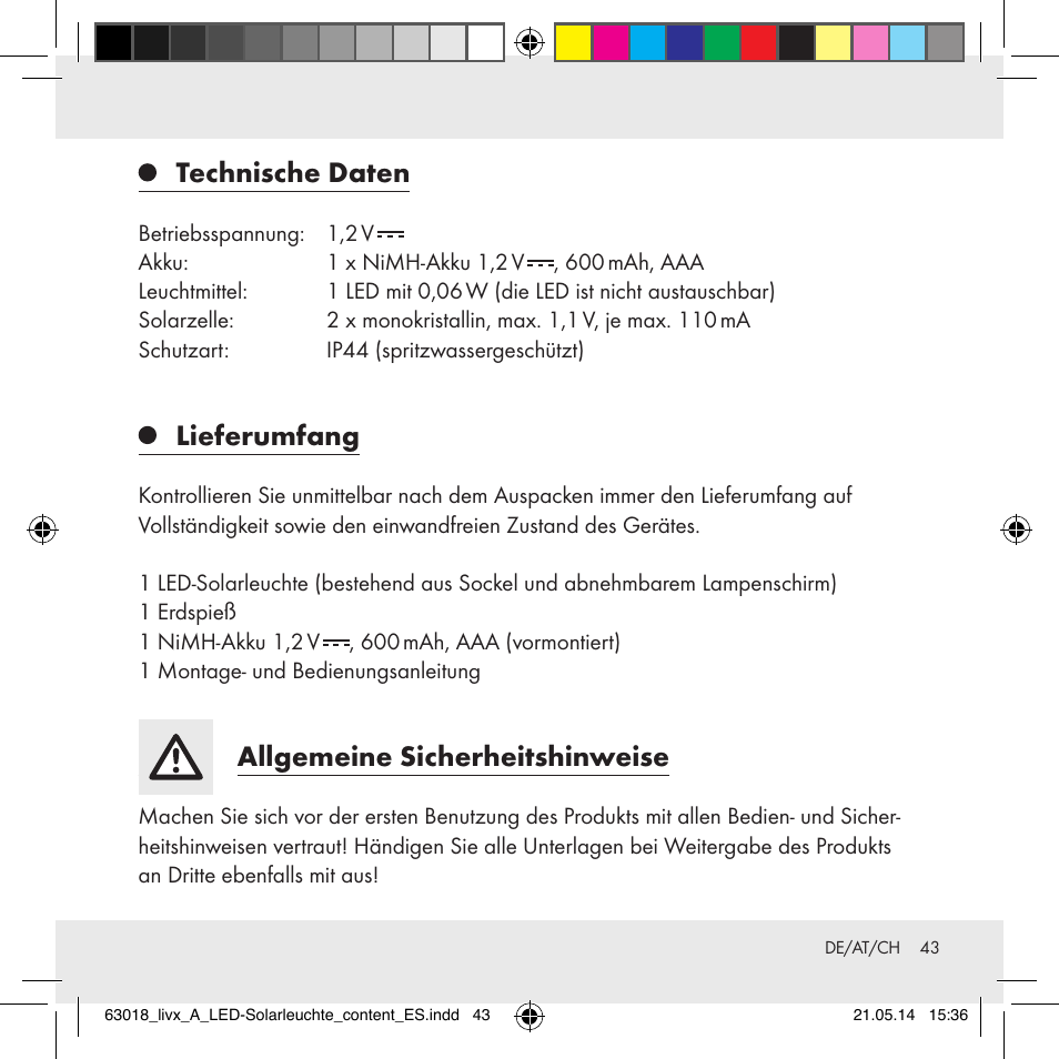 Technische daten, Lieferumfang, Allgemeine sicherheitshinweise | Livarno Z32102A User Manual | Page 43 / 53