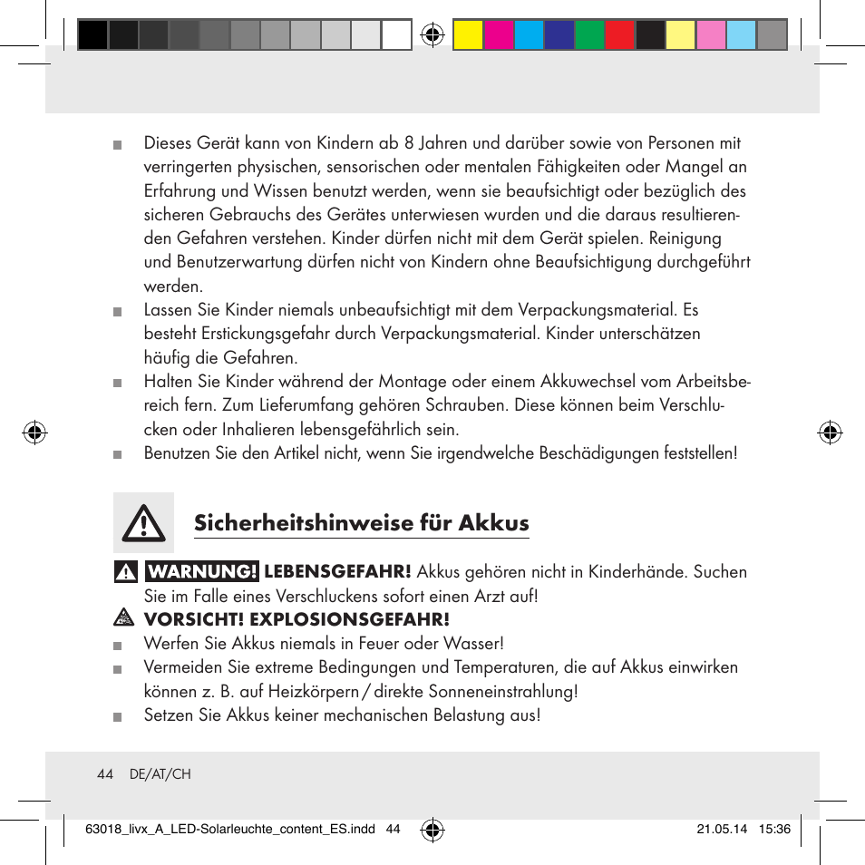 Sicherheitshinweise für akkus | Livarno Z32102A User Manual | Page 44 / 53