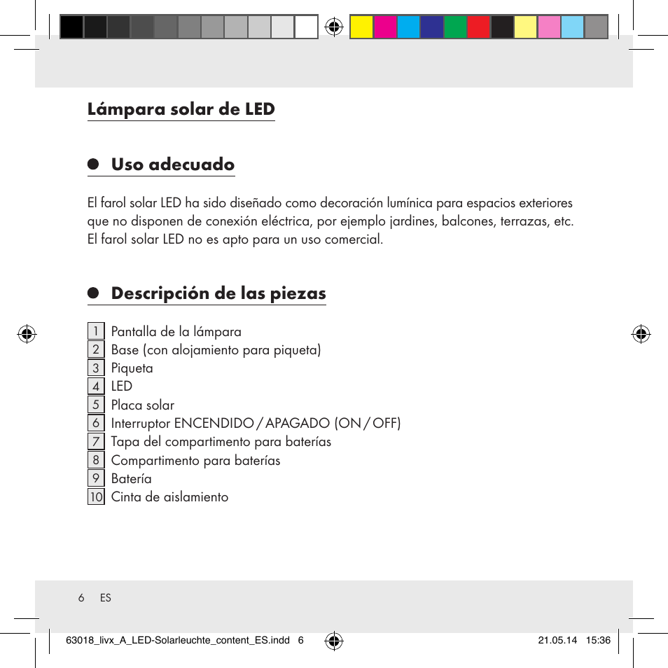 Lámpara solar de led uso adecuado, Descripción de las piezas | Livarno Z32102A User Manual | Page 6 / 53