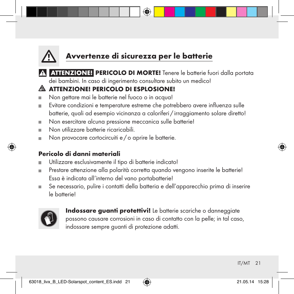 Avvertenze di sicurezza per le batterie | Livarno Z32102B User Manual | Page 21 / 53