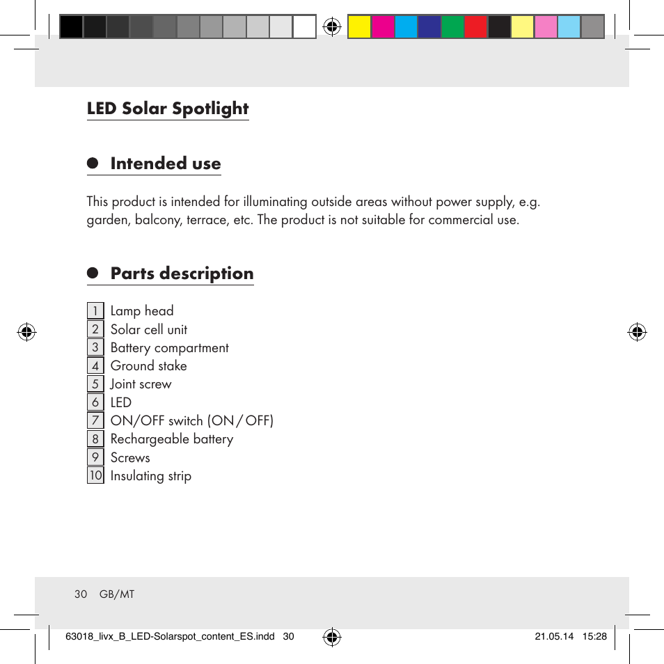 Led solar spotlight intended use, Parts description | Livarno Z32102B User Manual | Page 30 / 53