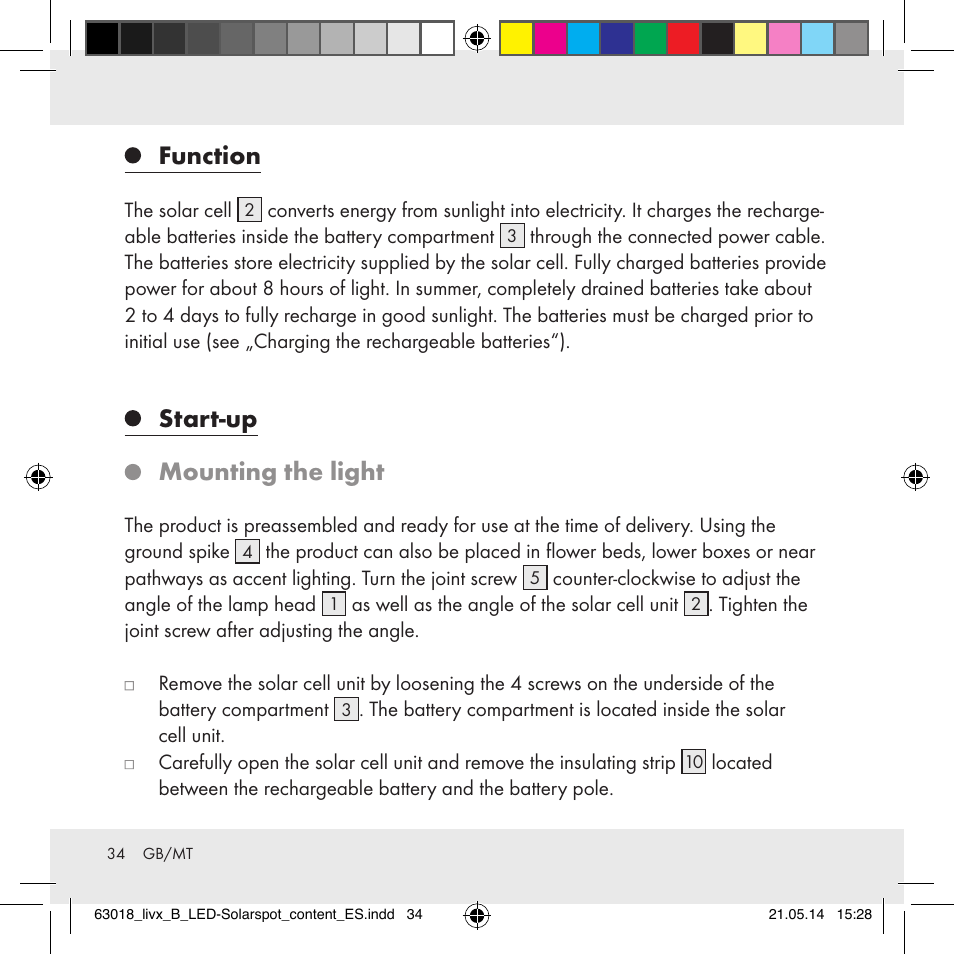 Function, Start-up mounting the light | Livarno Z32102B User Manual | Page 34 / 53
