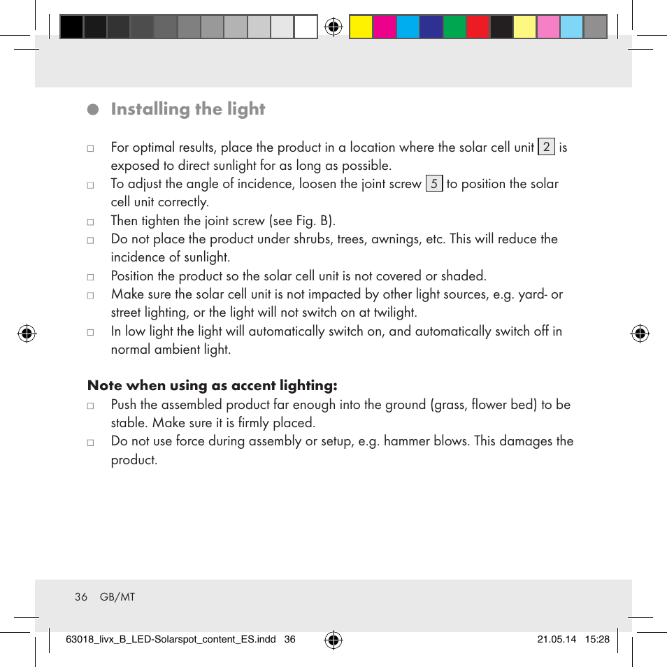 Installing the light | Livarno Z32102B User Manual | Page 36 / 53