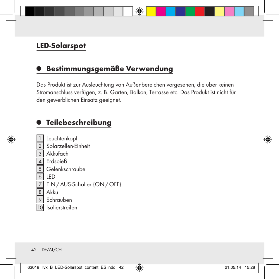 Led-solarspot bestimmungsgemäße verwendung, Teilebeschreibung | Livarno Z32102B User Manual | Page 42 / 53