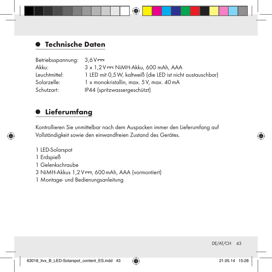 Technische daten, Lieferumfang | Livarno Z32102B User Manual | Page 43 / 53