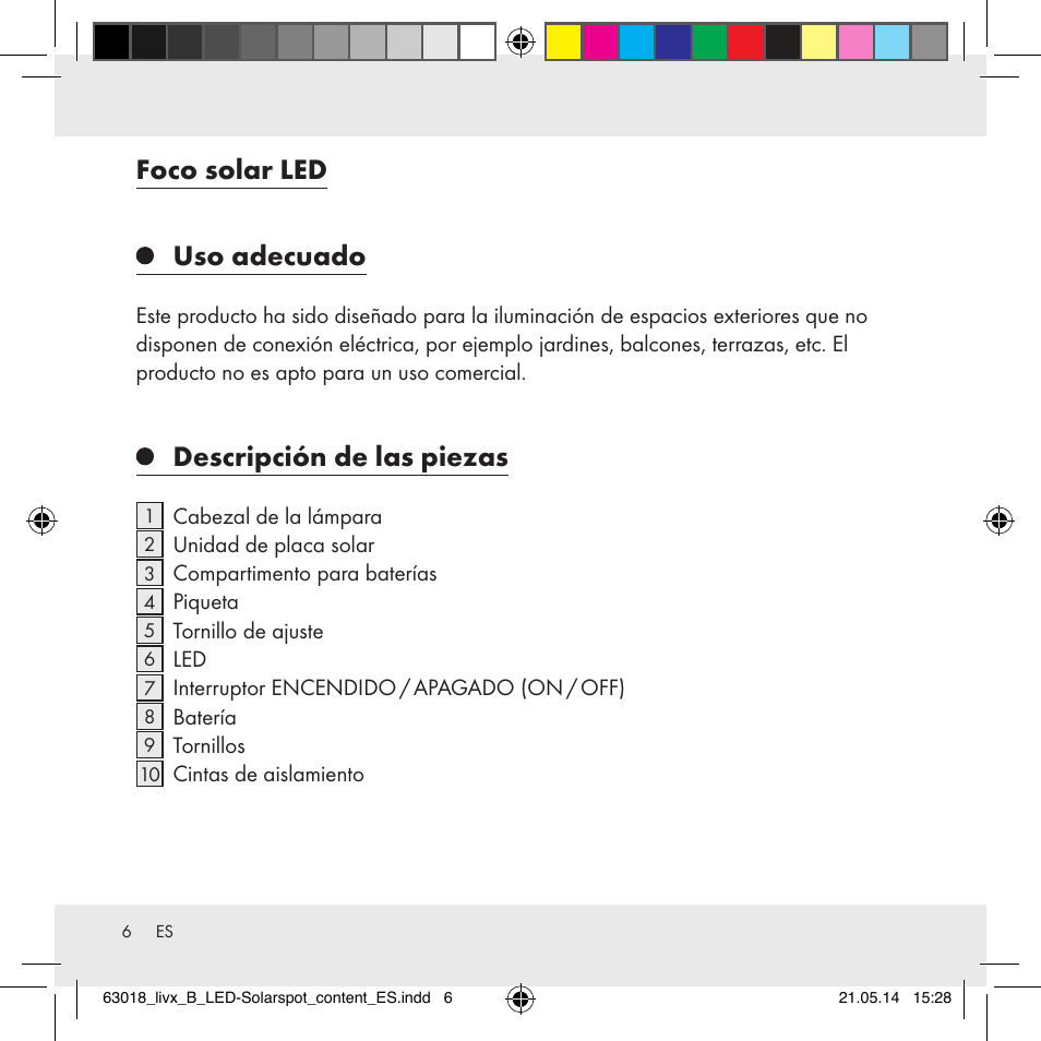 Foco solar led uso adecuado, Descripción de las piezas | Livarno Z32102B User Manual | Page 6 / 53